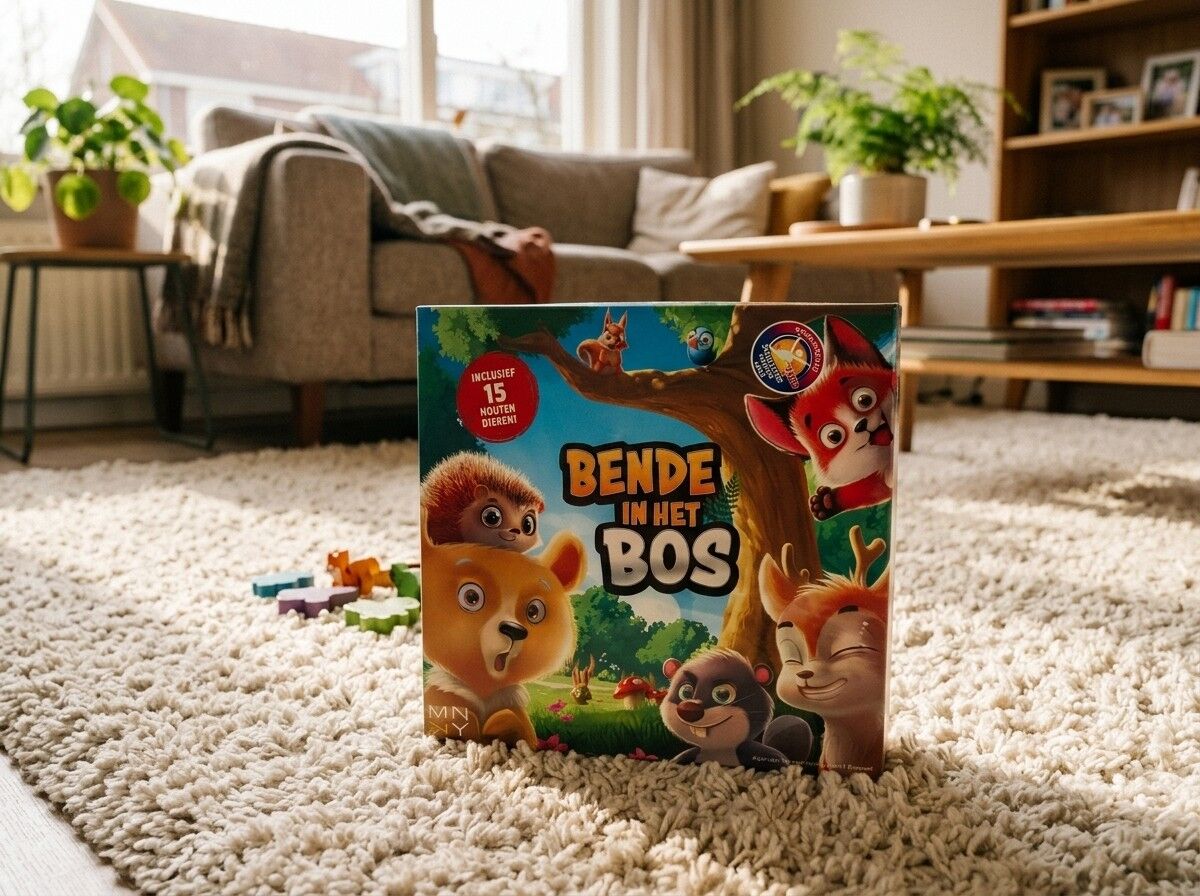 De doos van Bende in het Bos op het vloerkleed in onze woonkamer