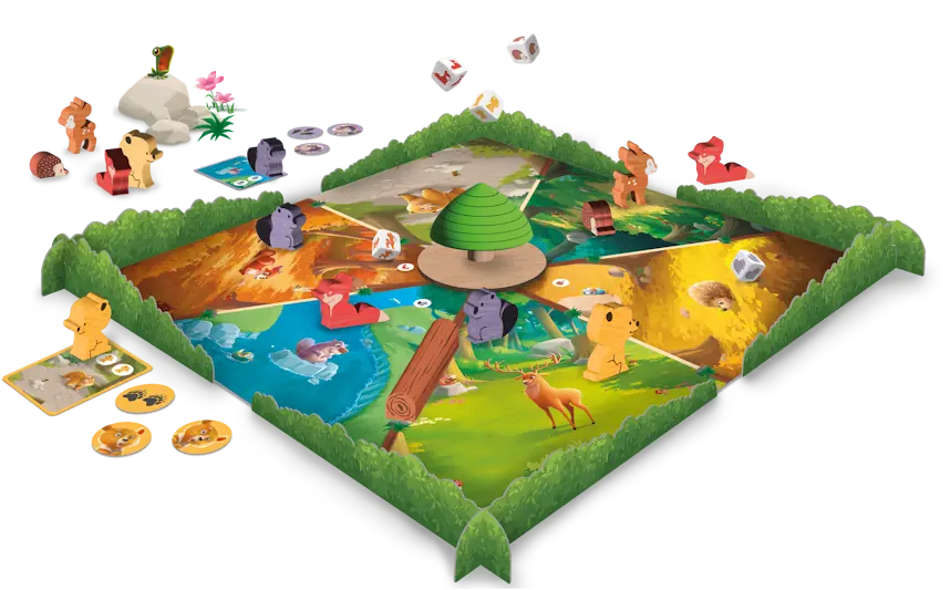 Het spelbord van Bende in het Bos met de houten dieren, de boom, de boomstam, dobbelstenen en fiches