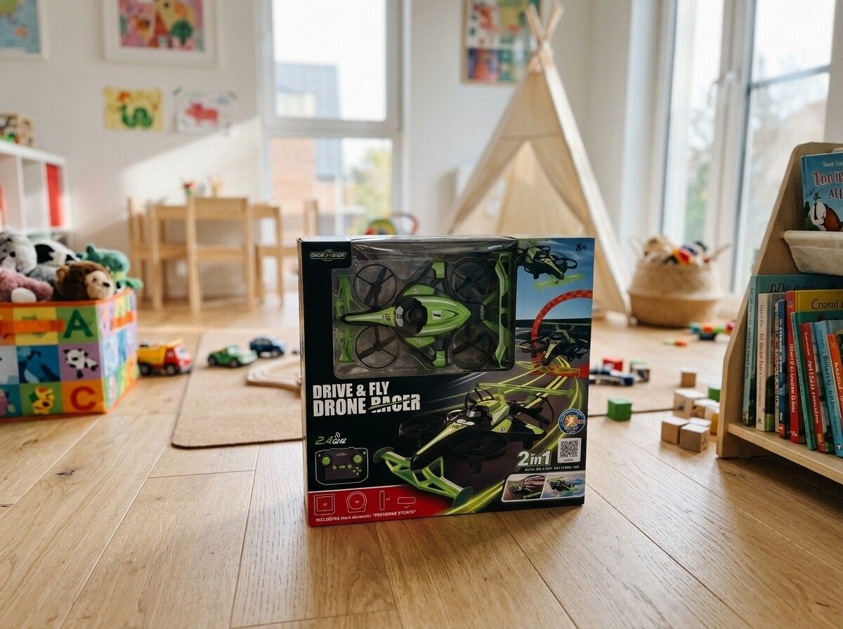 De doos van de Drive & Fly Drone Racer in onze speelkamer