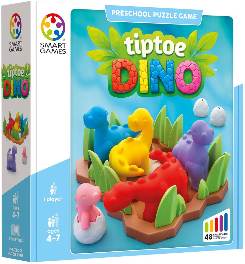 De verpakking van Tiptoe Dino van SmartGames: 1 speler, 4 tot 7 jaar, 48 opdrachten van makkelijk tot expert